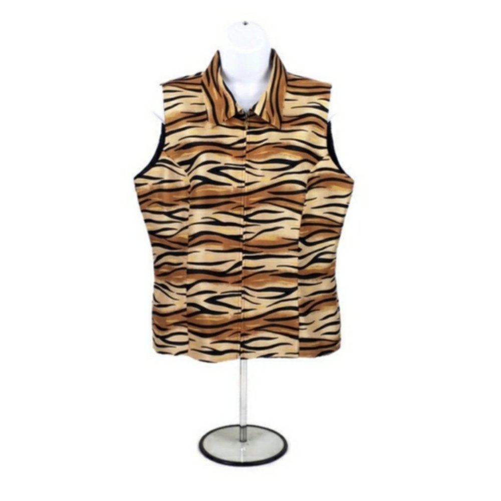 SilkLand Sleeveless Silk Animal Print Zip Up Vest Zipper Womens Size Large